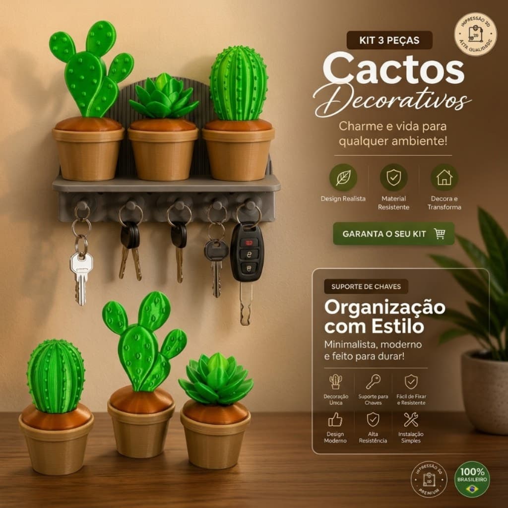 Porta Chaves Decorativo com Cactos | Organizador de Parede com Prateleira | Kit Cactos ou Suporte