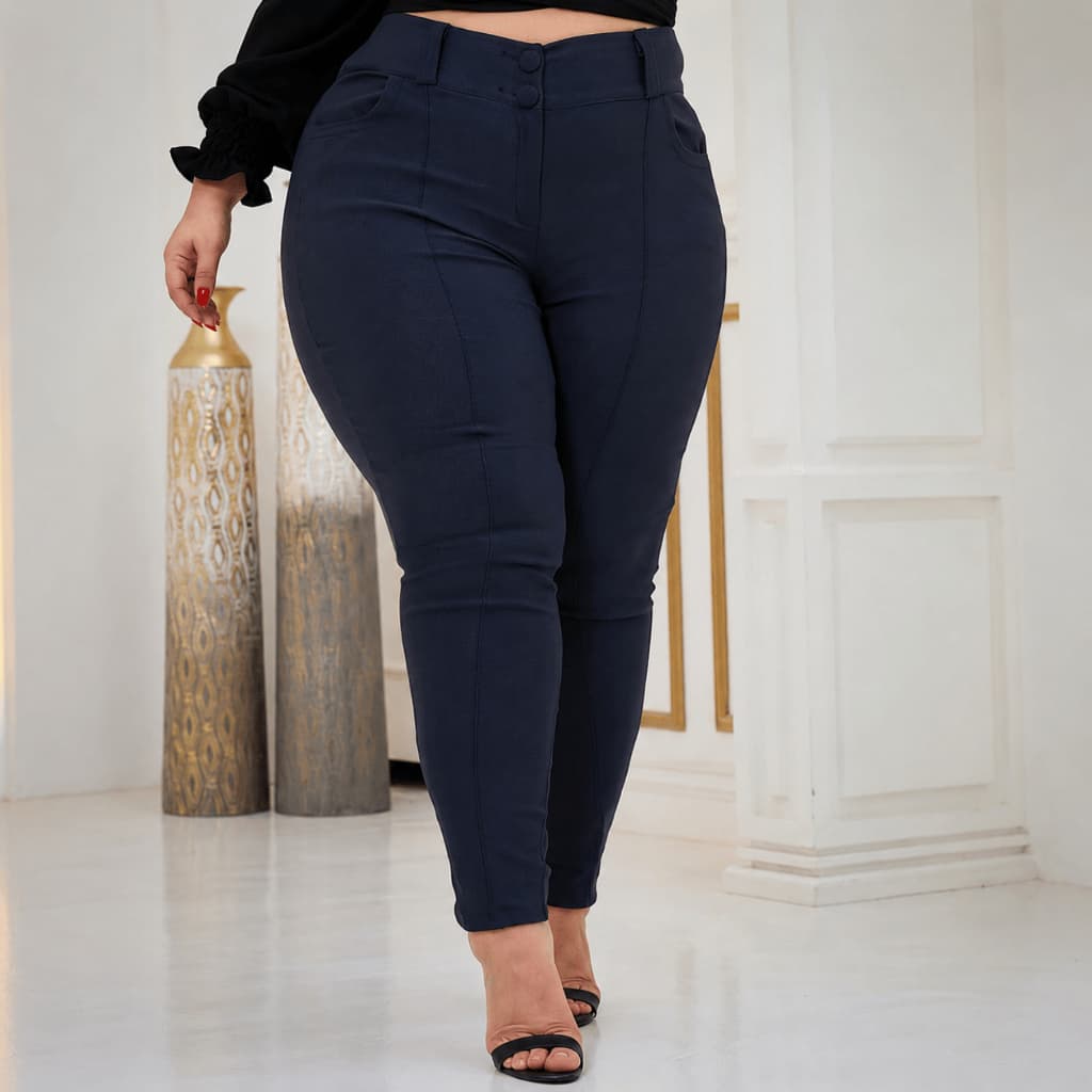 Calça Social Feminina Plus Size Tecido Bengaline Botões Zíper Elegante Alfaiataria Cintura Alta