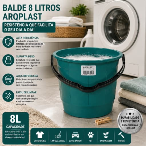 Balde Para Lavanderia Reforçado Verde 8L- Arqplast