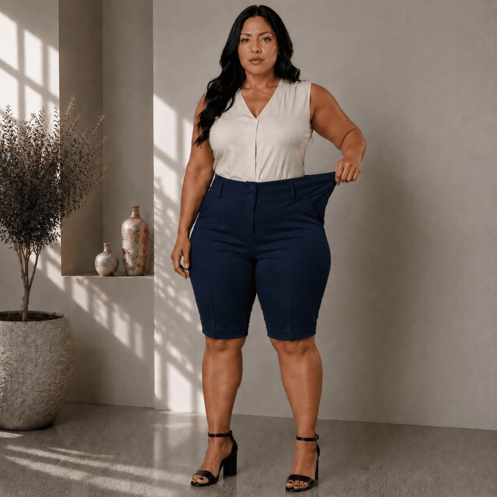 Bermuda Social Feminina Plus Size Com 2 Botões Tecido Bengaline Cintura Alta Alfaiataria 42 ao 52