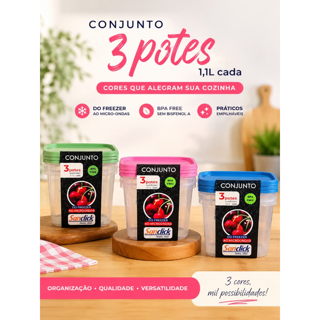Conjunto 3 Potes Plásticos 1,1L Graduados com Tampa  BPA Free – Cozinha, Marmita