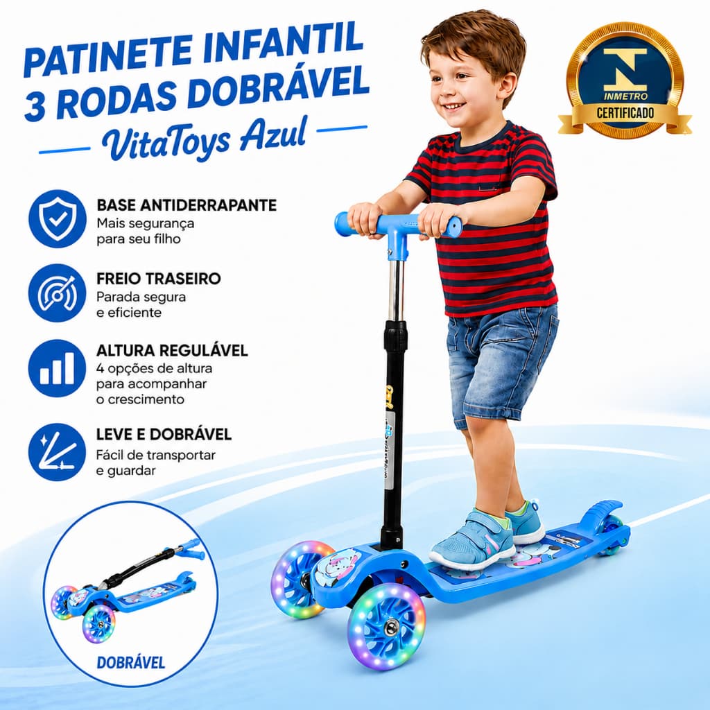 Patinete Infantil 3 Rodas Dobravel Base Antiderrapante Freio Traseiro VitaToys Azul