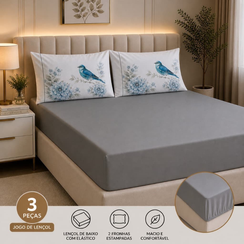 Jogo de Lençol 3 Peças Cama Solteiro Casal Queen King 400 Fios Micropercal Fronha Estampada Refúgil Ponto Palito