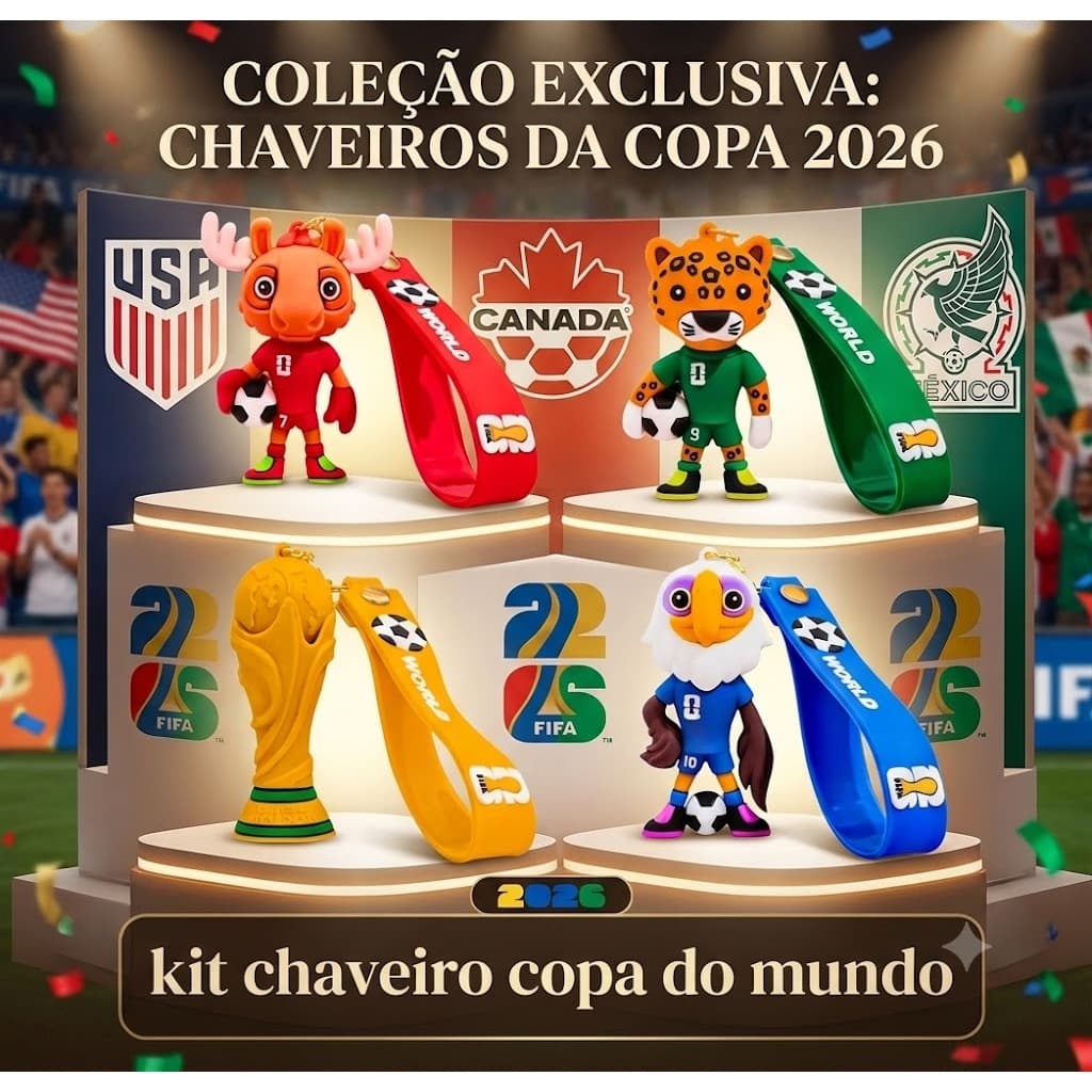 Kit 4 Chaveiros Copa Do Mundo 2026 Mascotes Taça Silicone Chaveiros Mascotes Copa Do Mundo 2026 Taça Copa do Mundo