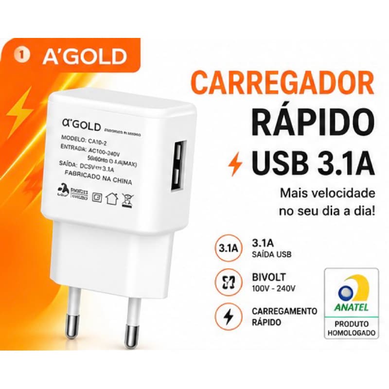 Carregador A’GOLD USB 3.1A Carregamento Rápido Bivolt Fonte Turbo A ‘ Gold Universal Celular a-gold