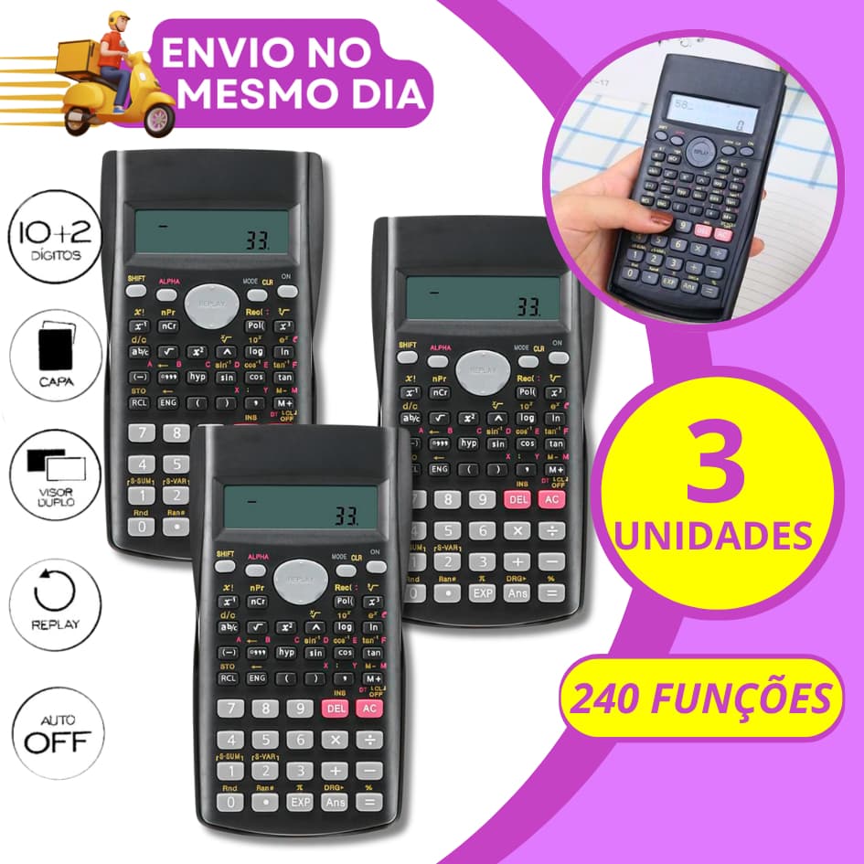 KIT 2 3 5 Calculadora Cientifica com Capa Protetora  240 Funções A Pilha Financeira Escolar Faculdade Trabalho