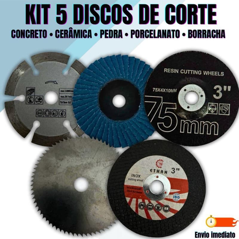 Kit 5 Mini Discos 75mm Para Mini Lixadeira Corte Desbaste Madeira Ferro Concreto
