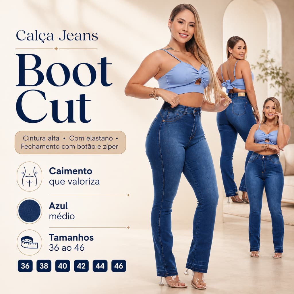 calça jeans feminina Boot Cut flare cintura alta Premium Elegance