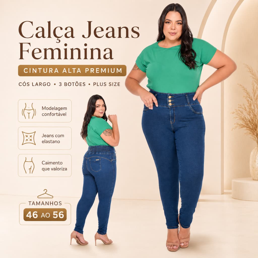 Calça Jeans feminina cintura alta cos largo de 3 botão Premium