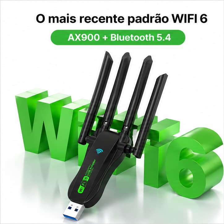 Adaptador USB WiFi 6 AX900 Bluetooth 5.4 Dual Band 2.4G/5.8GHz 900Mbps 4 Antenas MU-MIMO WPA3 Para PC e Notebook Windows