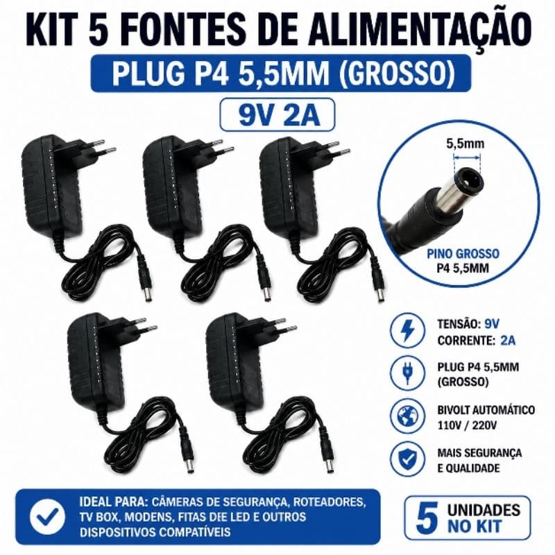 kit 5 Fonte de alimentação 9v 2a Plug 5.5mm bico Grosso energia AC/DC bivolt