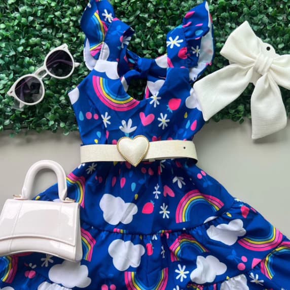 Vestido Longo Estampado Arco-íris Azul Escuro  – Cores Vibrantes – Moda Feminina - Infantil