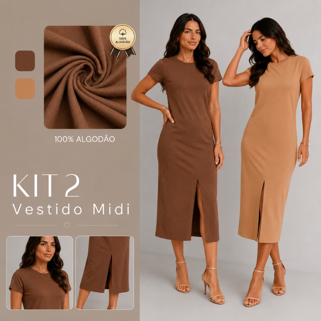 Kit 2 Vestido Midi Feminino Casual Básico  Soltinho Manga Curta e Fenda Central Meia Canela