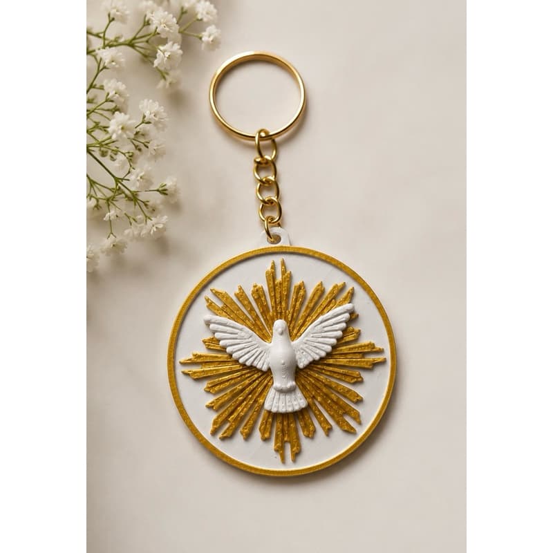 Kit Lembrancinha de Batizado Divino Espírito Santo Chaveiro Religioso Branco e Dourado