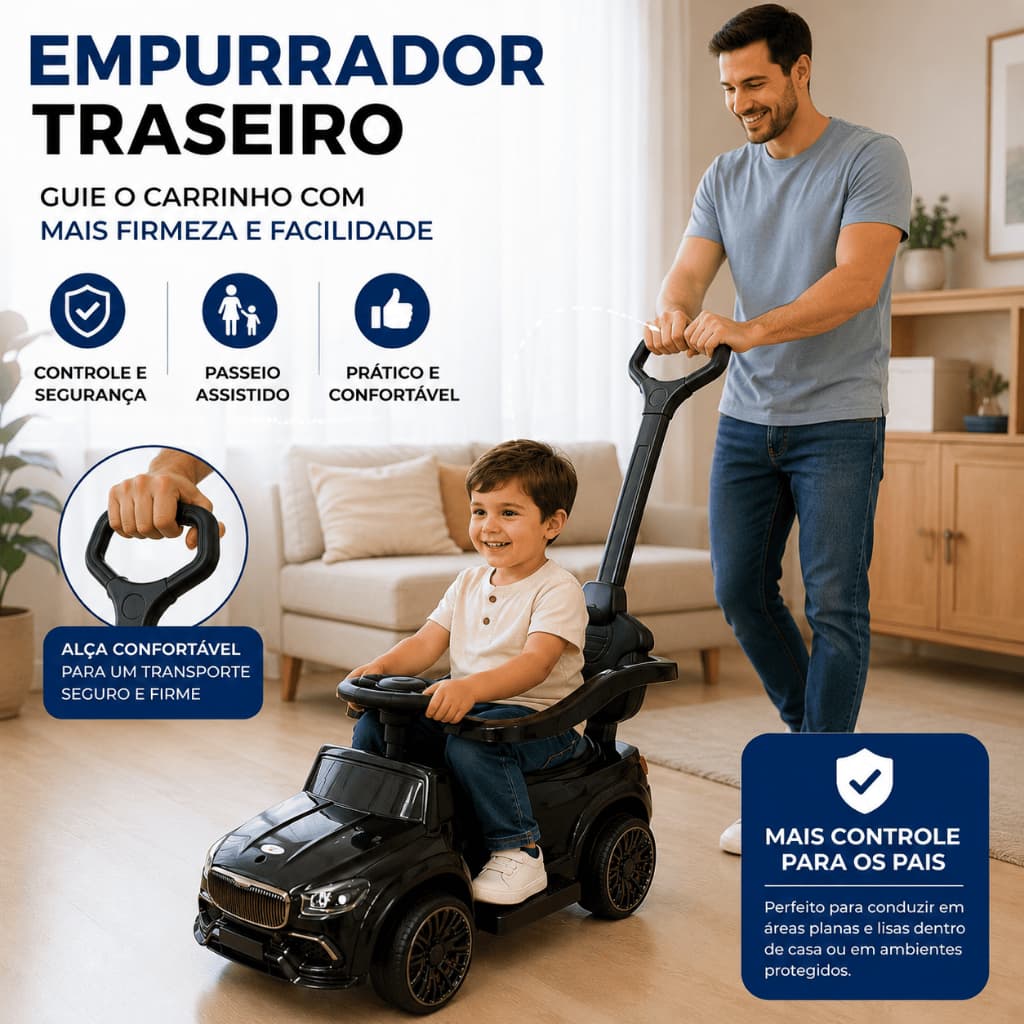 Carrinho Passeio Elétrico Infantil 6V Com Empurrador Controle Remoto Alça para Guiar
