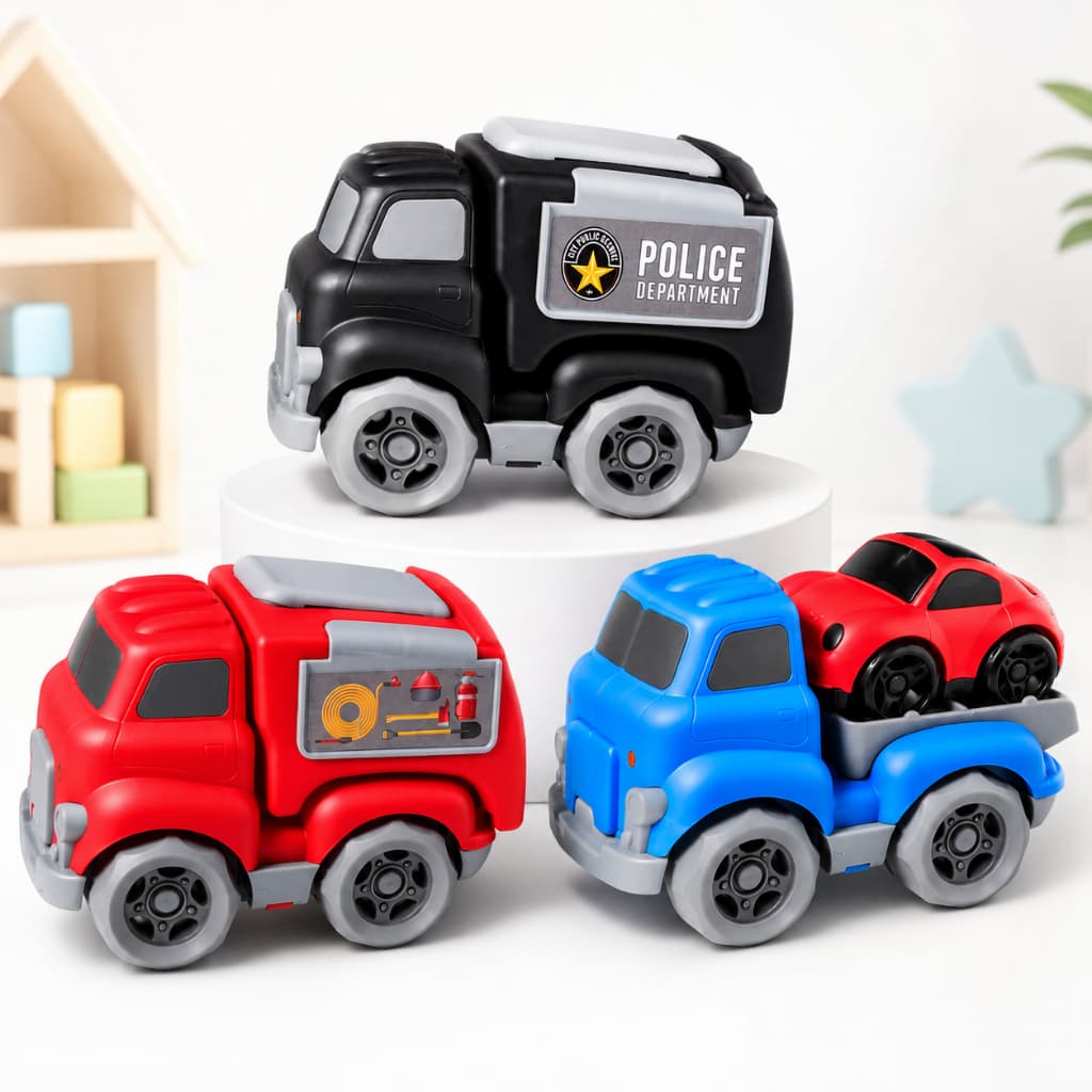 Caminhão de Brinquedo Infantil Menino Carro Bombeiro, Polícia, Plataforma com Carrinho Joy Trucks