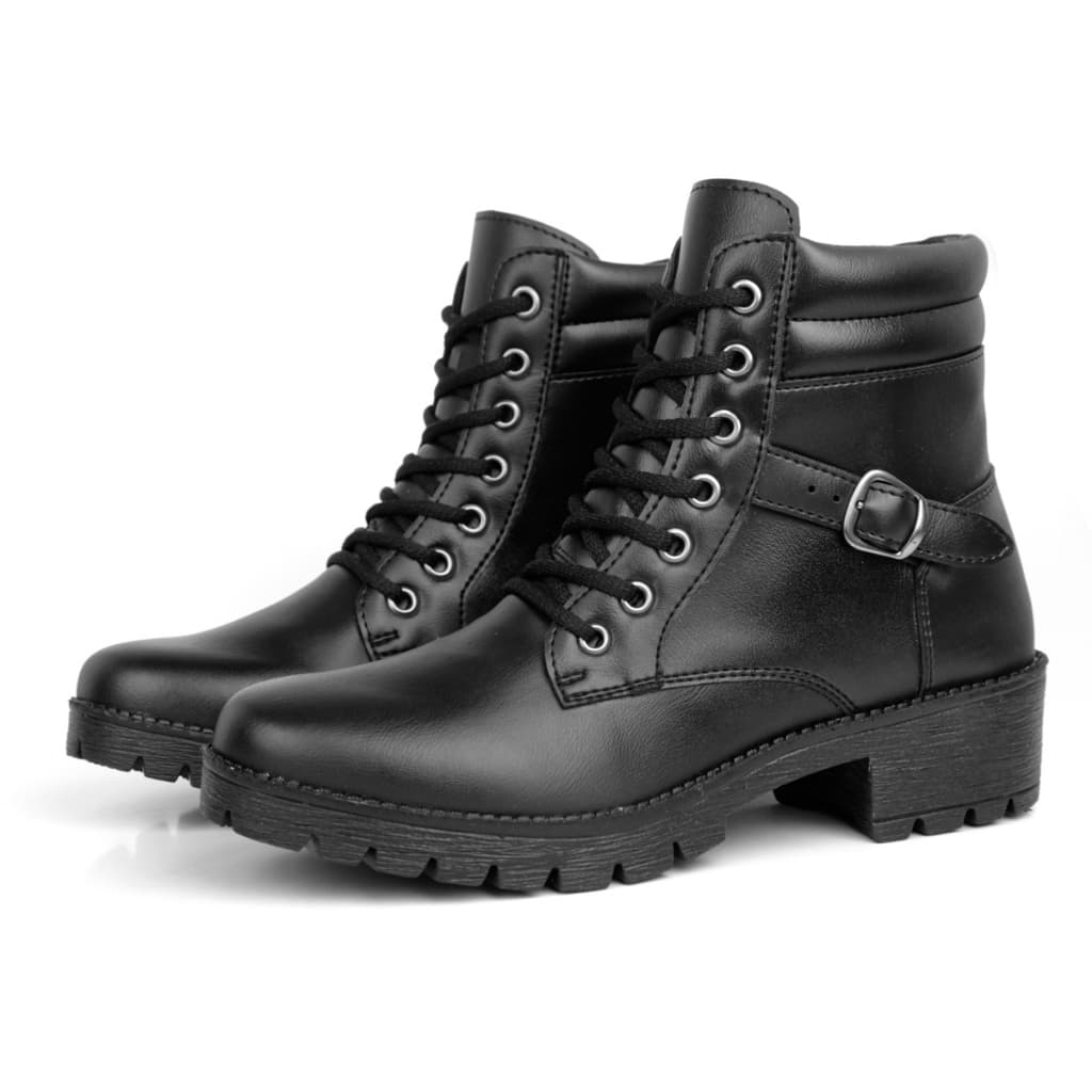 Coturno Feminino Preto Tratorado Cadarço Fivela Confortável