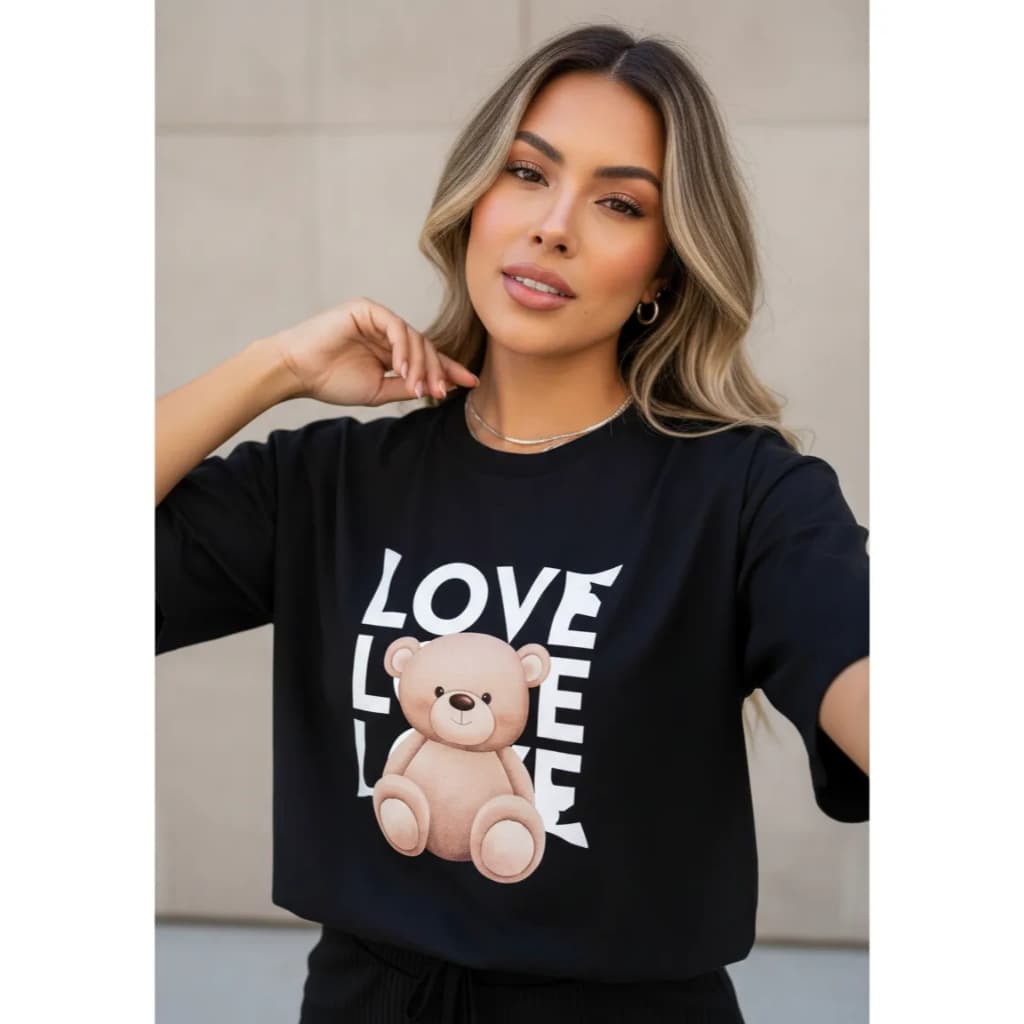 Camiseta Feminina Algodão Estampa Ursinho Teddy Bear Love Camiseta Fofa Estilo Cute
