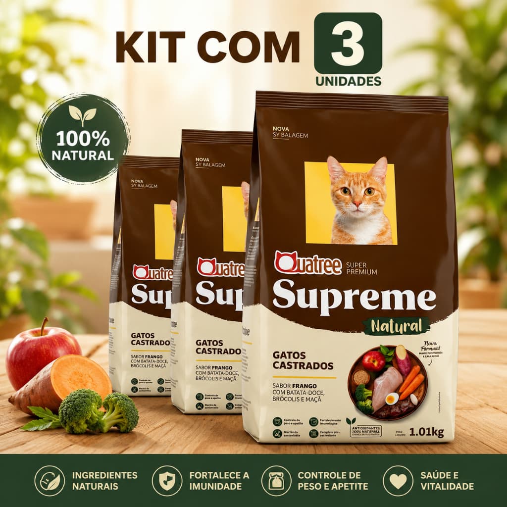 Ração Quatree Supreme Gato Castrado Frango 3x1kg Premium para Gatos Adultos Castrados