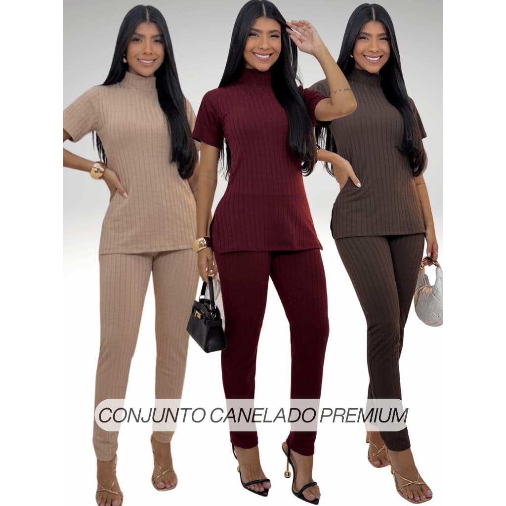 Conjunto Feminino Canelado Calça e Blusa com Fenda Tampa Bumbum Malha Com Elastano Confortável e Elegante