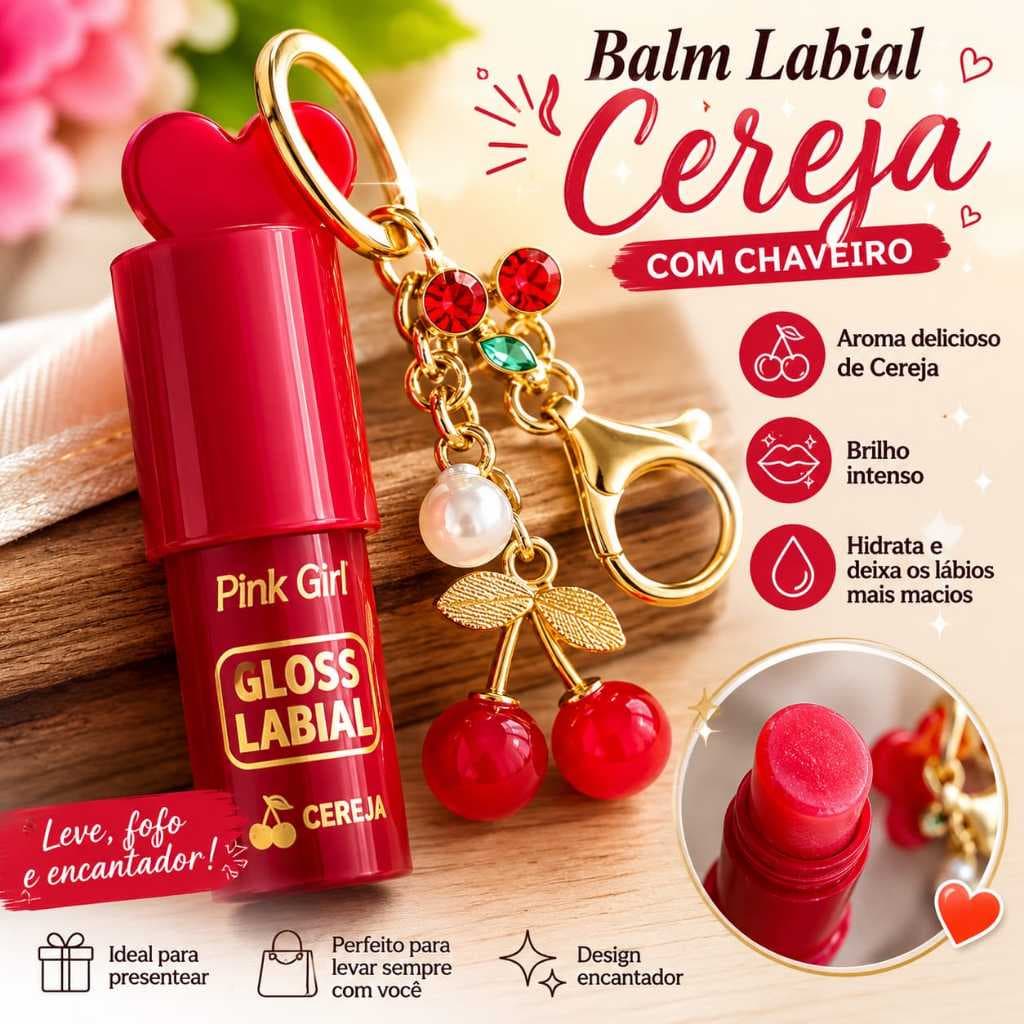 Gloss Labial Cereja com Chaveiro Hidratante Brilho Labial Portátil Pingente de Cereja para Chaves