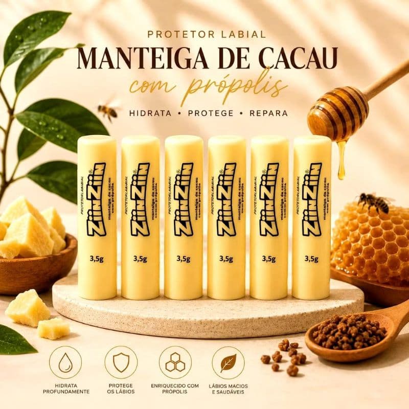 Kit c/ 3 - Manteiga de Cacau ZiinZin com Própolis Hidratante Labial Protetor para Lábios
