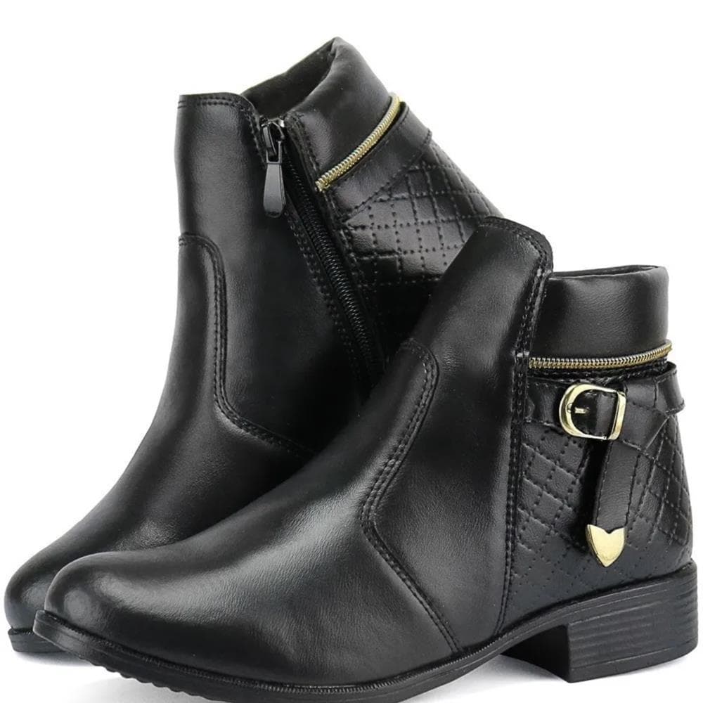 Bota Coturno Feminino Cadarço E Zíper Cano Curto Detalhes Couro Sintético Lançamento Ref207