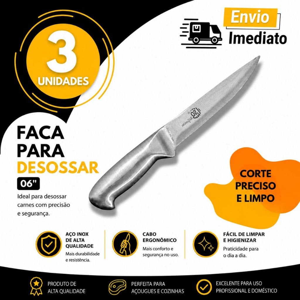 Faca Desossa Desossar Profissional Inox 6 ' Faca de Açougueiro Chef Cozinha Afiada Alta Precisão 3 2 ou 1 UN