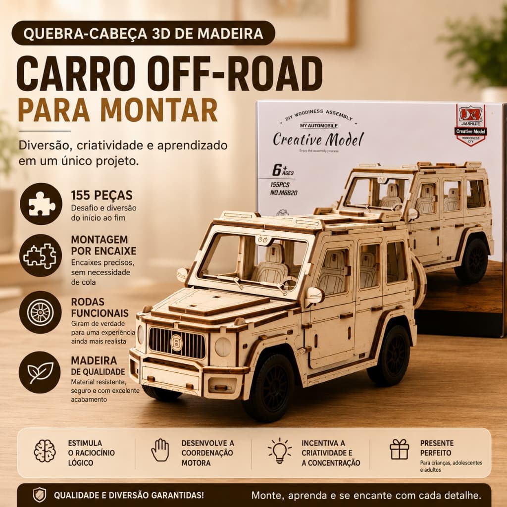 Brinquedo Carrinho Off-Road Quebra-Cabeça 3D Madeira DIY 155 Peças Montagem Educativa
