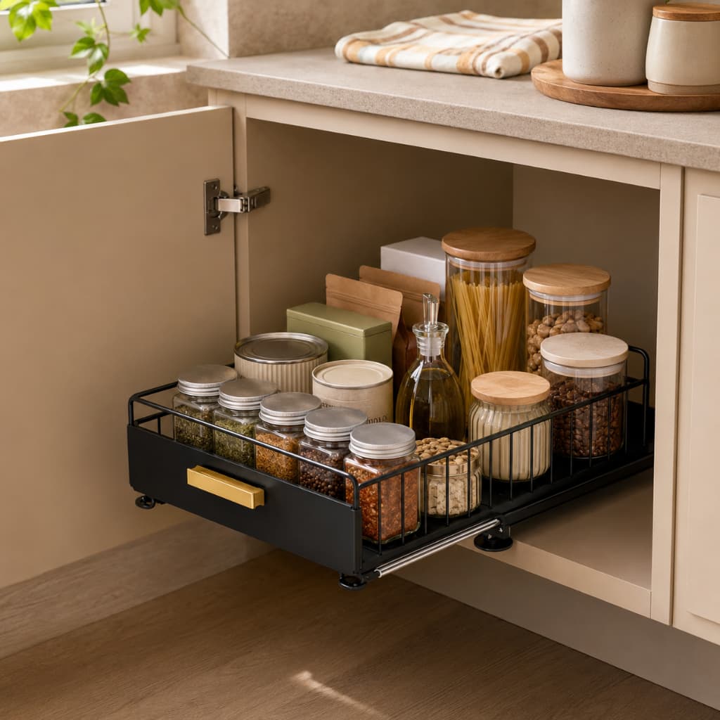 Organizador Deslizante Metal Armário Prateleira 2 Níveis Cozinha Banheiro Prático Preto Branco