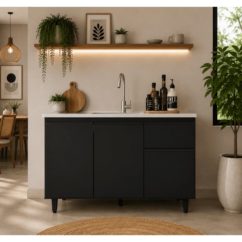 Balcão para Pia de Cozinha Preto MDP 120cm Sem Tampo Armário Cozinha Gabinete 3 Portas 1 Gaveta