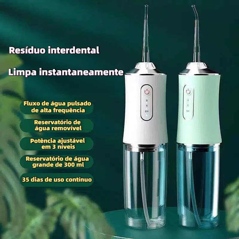 Irrigador oral para higiene bucal familiar, com 3 modos de jato potentes para remover resíduos de alimentos.