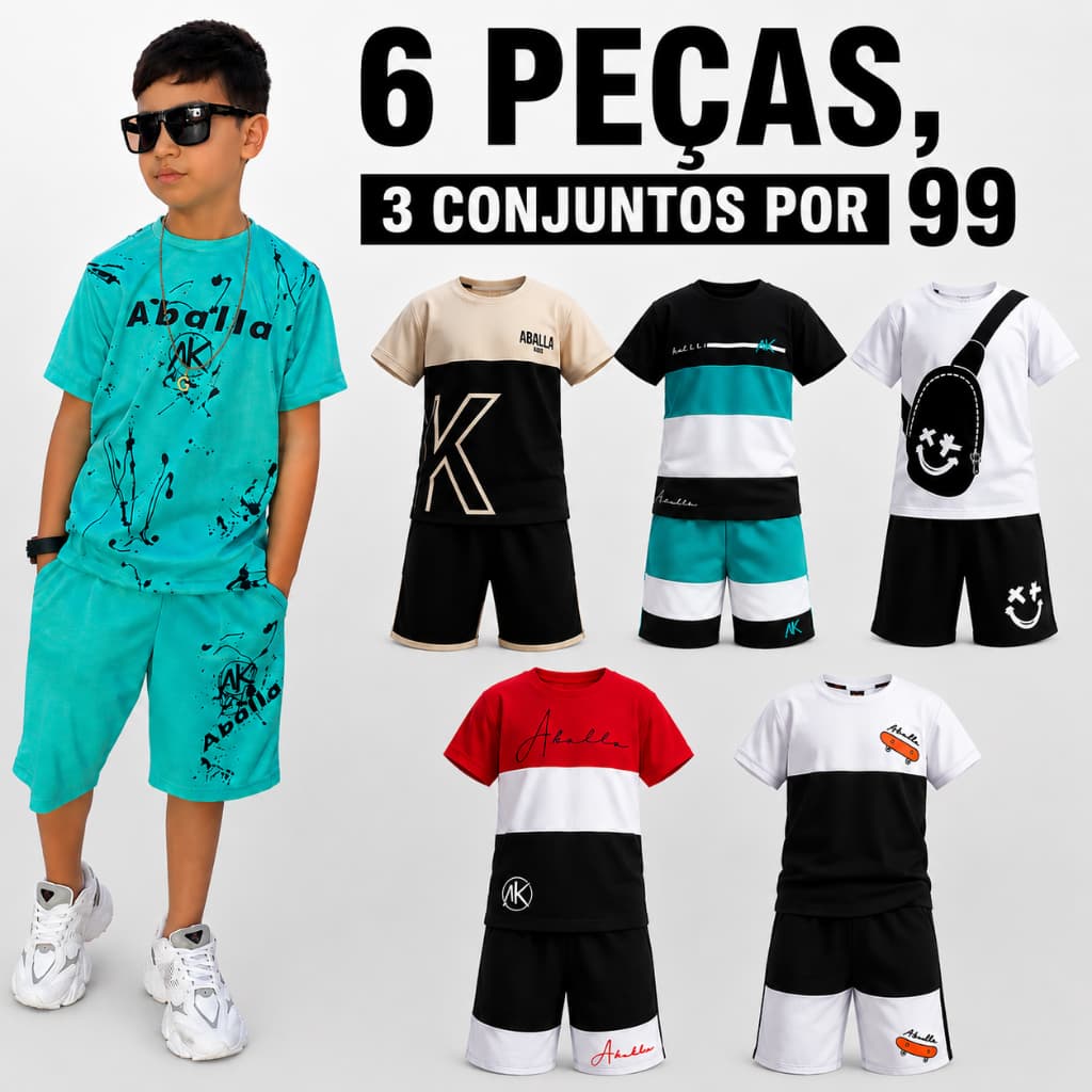 Kit 6 Peças Roupa Infantil Menino 3 Camisa + 3 Bermudas Verão Tamanhos 4, 6 e 8 Anos