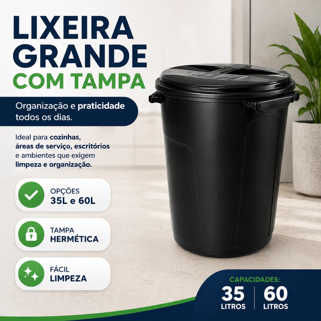 Lixeira Plástica Com Tampa 35L 60L Preta Fechamento Hermético Resistente Grande - Cesto de Lixo