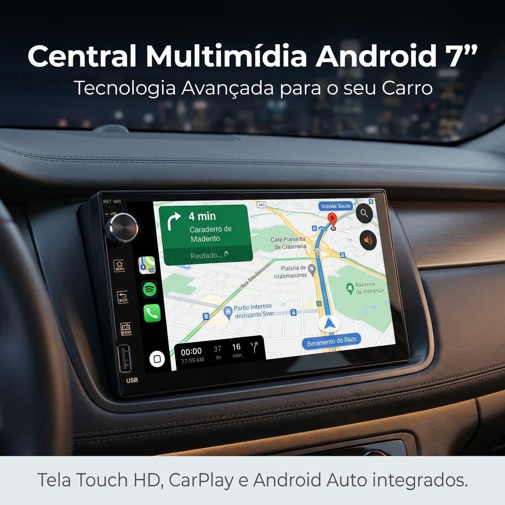 Central Multimídia Android 7” 2 DIN MP5 de 7” com Bluetooth, Rádio FM, Espelhamento CarPlay + Android ENVIO IMDIATO TZ