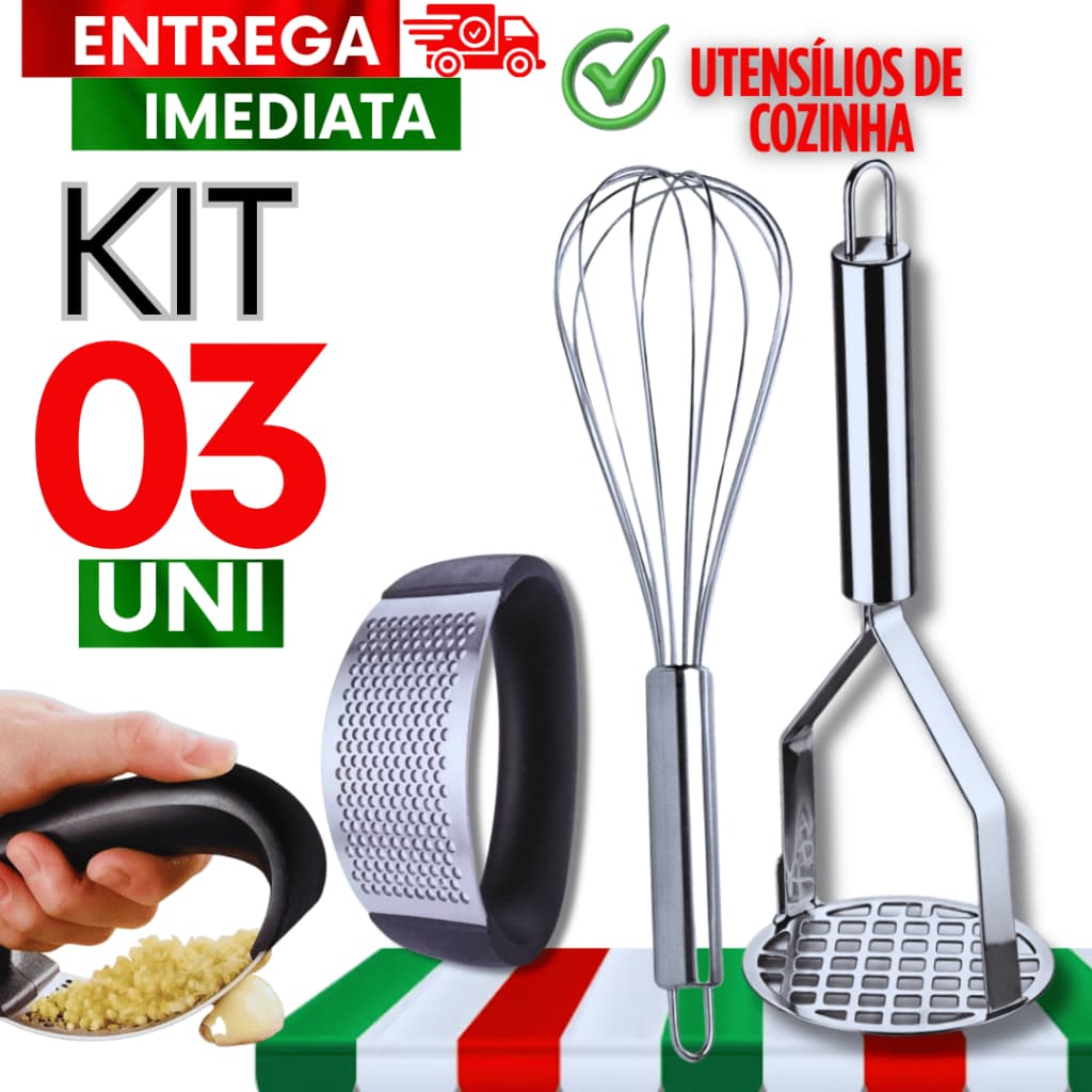 Combo Batedor Claras Chantily + Amassador Batatas E Espremedor de Alho Cozinha Pratico Utensílios