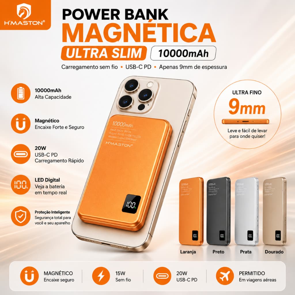 Lançamento  H'MASTON Carregador Portátil MagSafe Power Bank Magnético 10000mAh  PD 15W Sem Fio