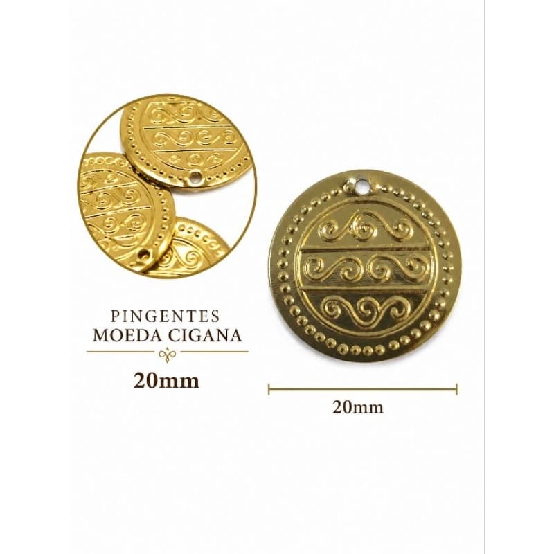 Pingente Moeda Cigana Dourado 20mm para Bijuterias, Artesanato e Personalização – com 10/27/40 Unidades
