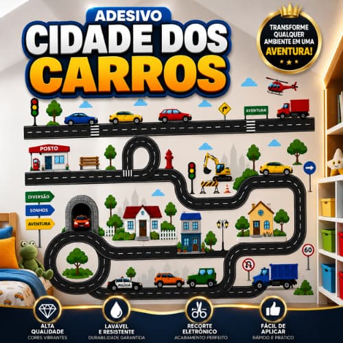 Adesivo De Parede Infantil Cidade Dos Carros Pista De Carrinhos 40x90cm Decoração Quarto Menino Brinquedoteca Vinil Lavá