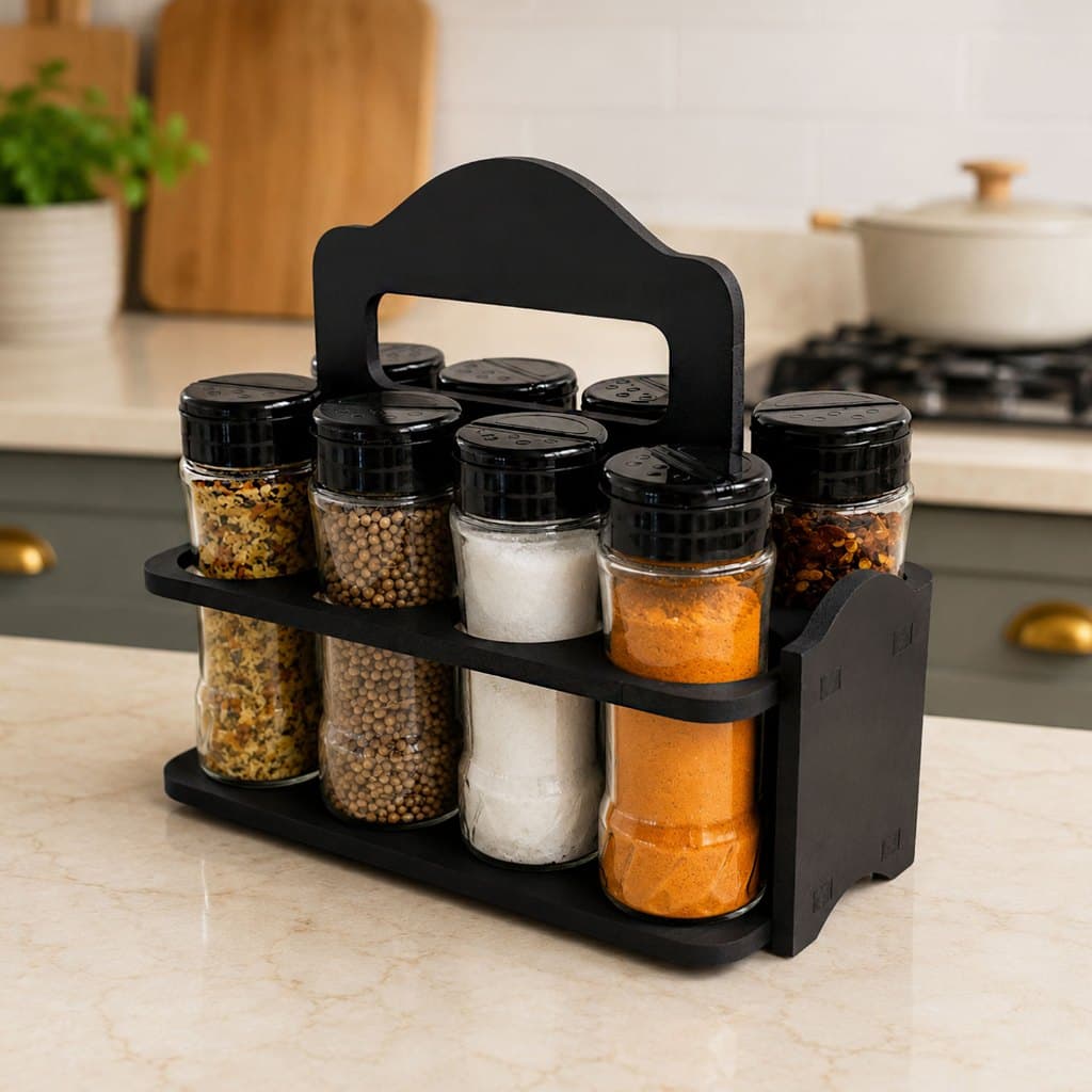 Porta Tempero Mesa Bancada Cozinha + 8 Potes 130ml Tampa Dupla + Etiquetas