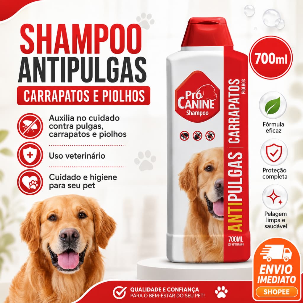 Shampoo Antipulgas e Carrapatos Pró Canine 500ml para Cães e Gatos