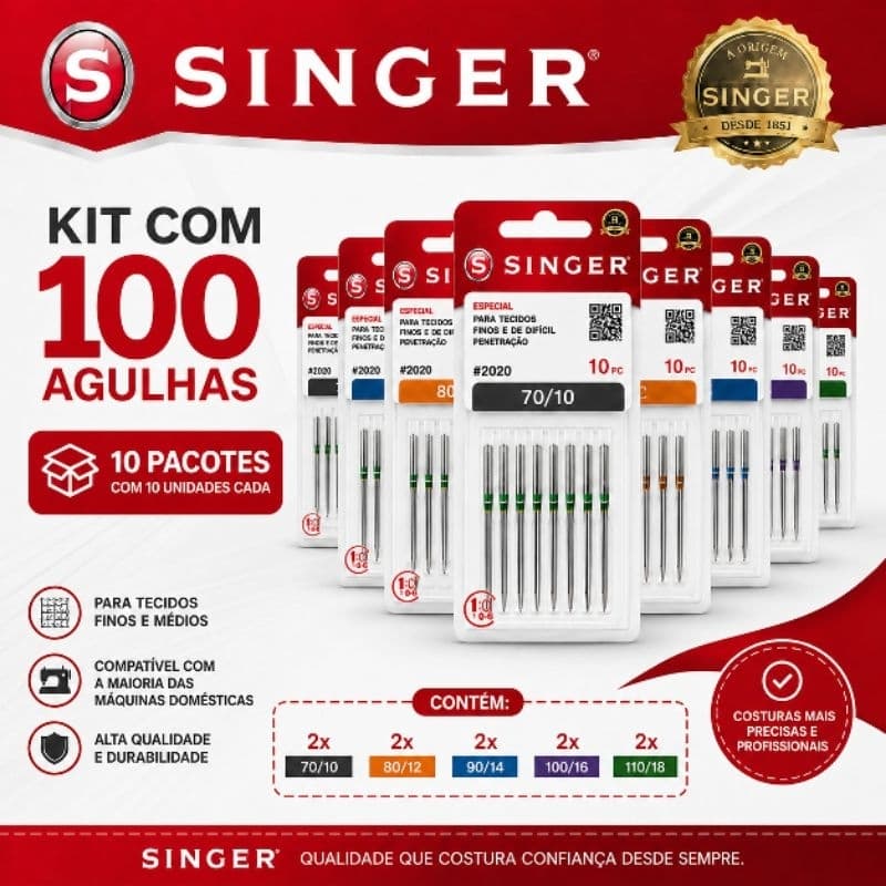 Super Kit 100 Agulhas Originais Singer Doméstica #2020 Alta Durabilidade 5 Tamanhos
