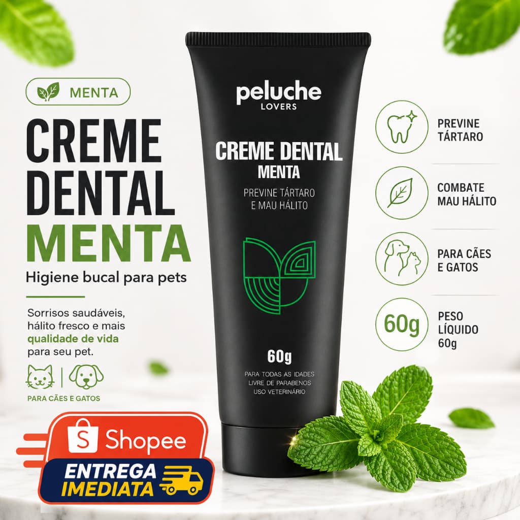 Creme Dental Premium de Limpeza Profunda Hálito Refrescante para seu Pet 60g Peluche