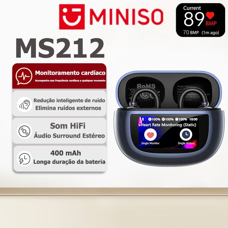 Fone Bluetooth MINISO MS212 com monitoramento cardíaco, Bluetooth 6.0, cancelamento de ruído inteligente, som HiFi e des