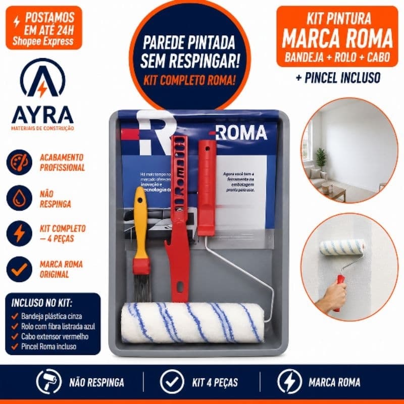 Kit Pintura Roma Bandeja Rolo Fibra Cabo Extensor Pincel Parede Teto 
Látex Acrílica Sem Respingar