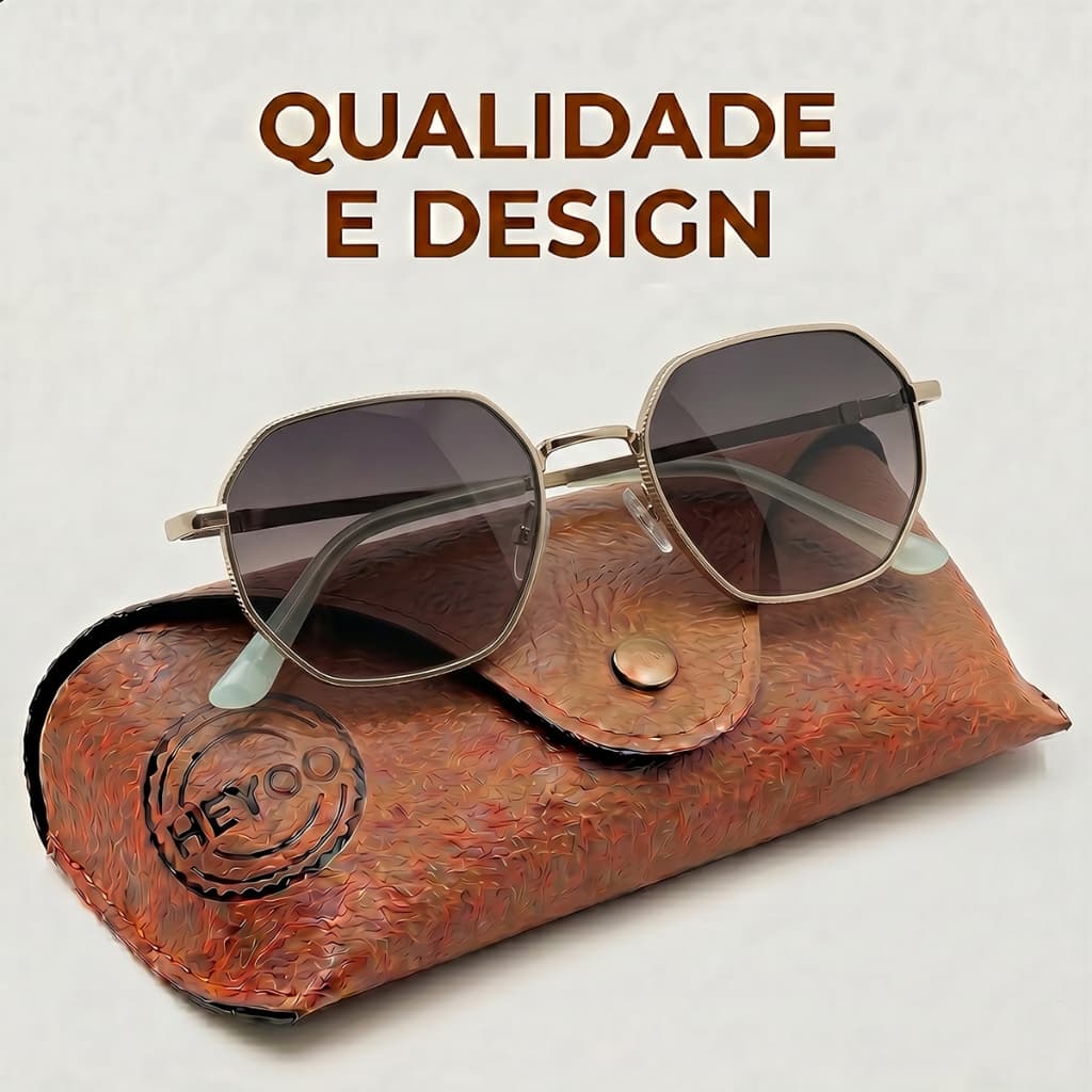 Heyoo Óculos de Sol Octogonal Frame Metálico Dourado | UV400 Polarizado | Suporte Nasal em Silicone