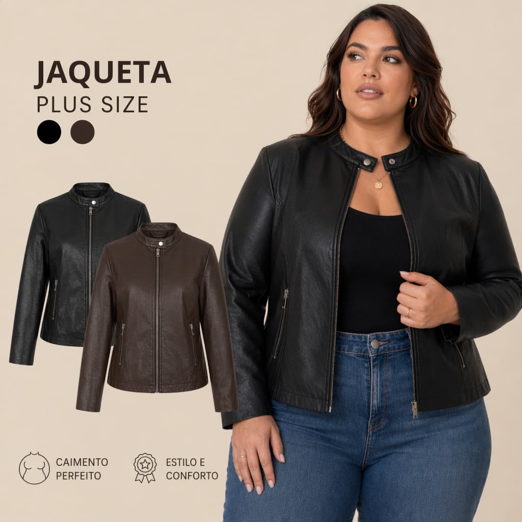 Jaqueta Plus Size Feminina Couro PU Forrada Biker