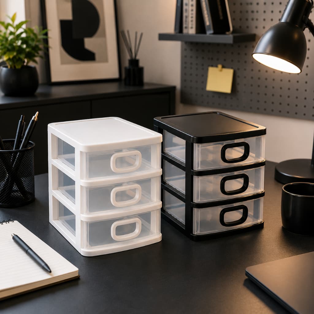 Organizador De Mesa Gaveteiro Micro Porta Tudo 3 Gavetas Cor Branco e Branco Gavetas Transparentes