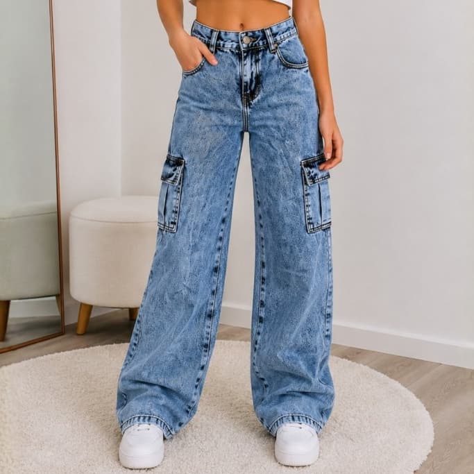 Calça Infantil Jeans Cargo Menina Juvenil Wide Leg Cintura Alta Modelo Gel Bolso Lateral 100% Algodão
