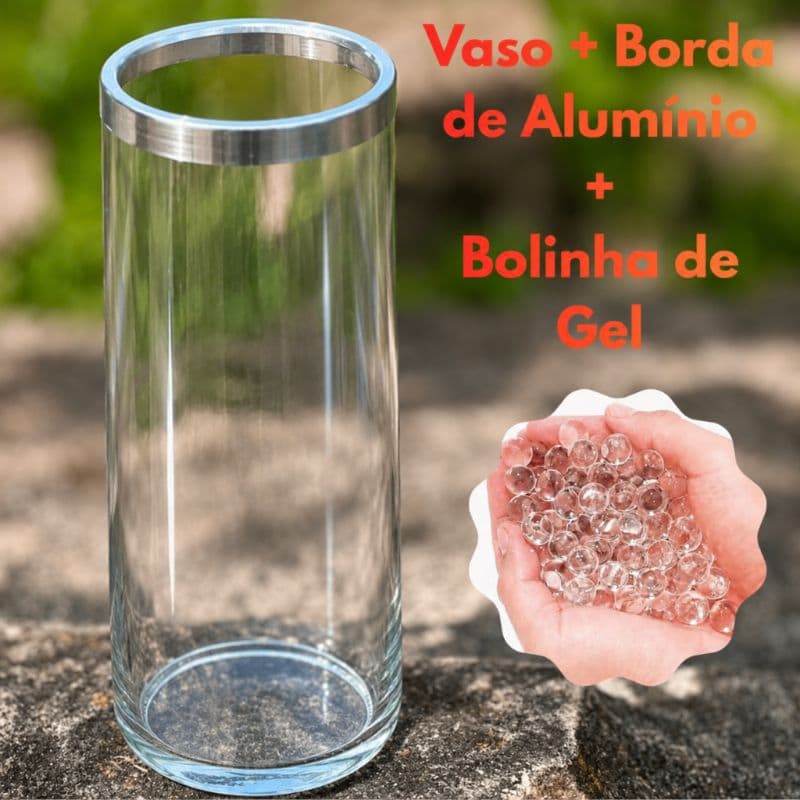 Vaso de Vidro Decorativo 21cm + Bolinha de Gel Transparente com Borda de Alumínio Centro de Mesa